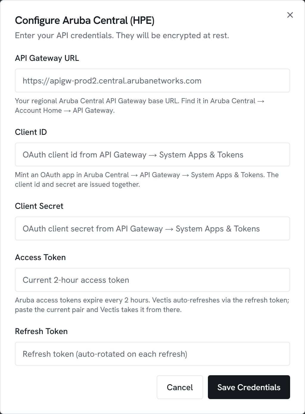 The Configure Aruba Central (HPE) dialog in Vectis admin > integrations — the form the next step walks you through.