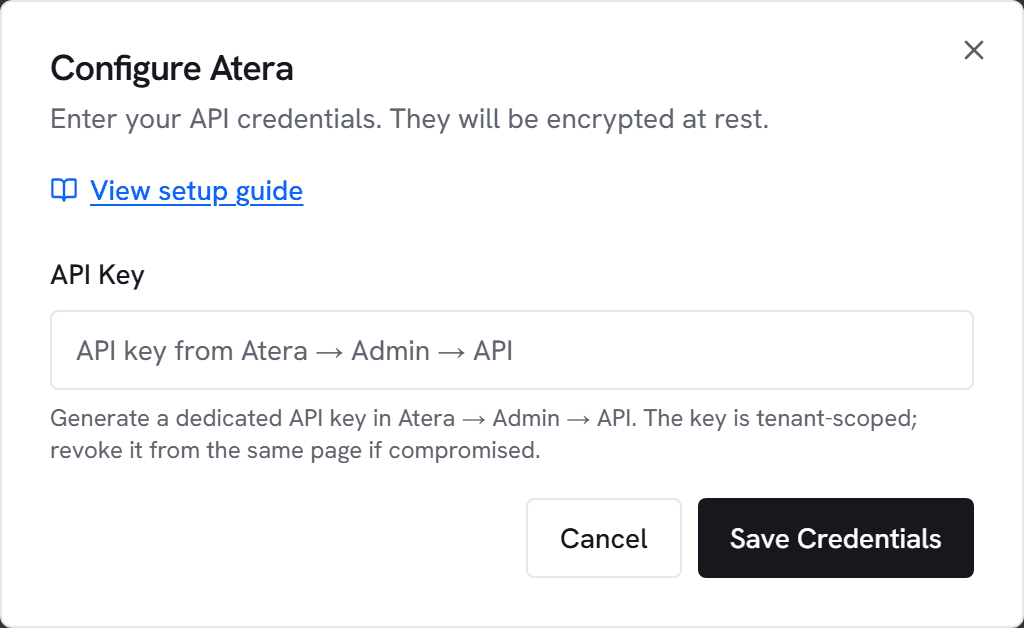 The Configure Atera dialog in Vectis admin > integrations — the form the next step walks you through.