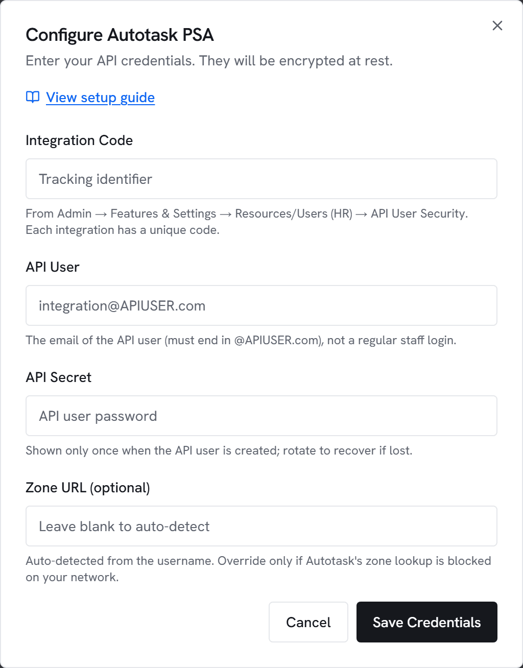 The Configure Autotask PSA dialog in Vectis admin > integrations — the form the next step walks you through.