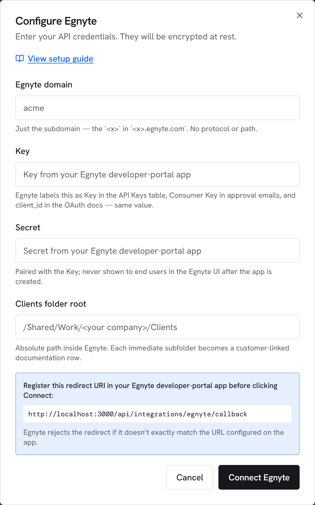The Configure Egnyte dialog in Vectis admin > integrations — the form the next step walks you through.