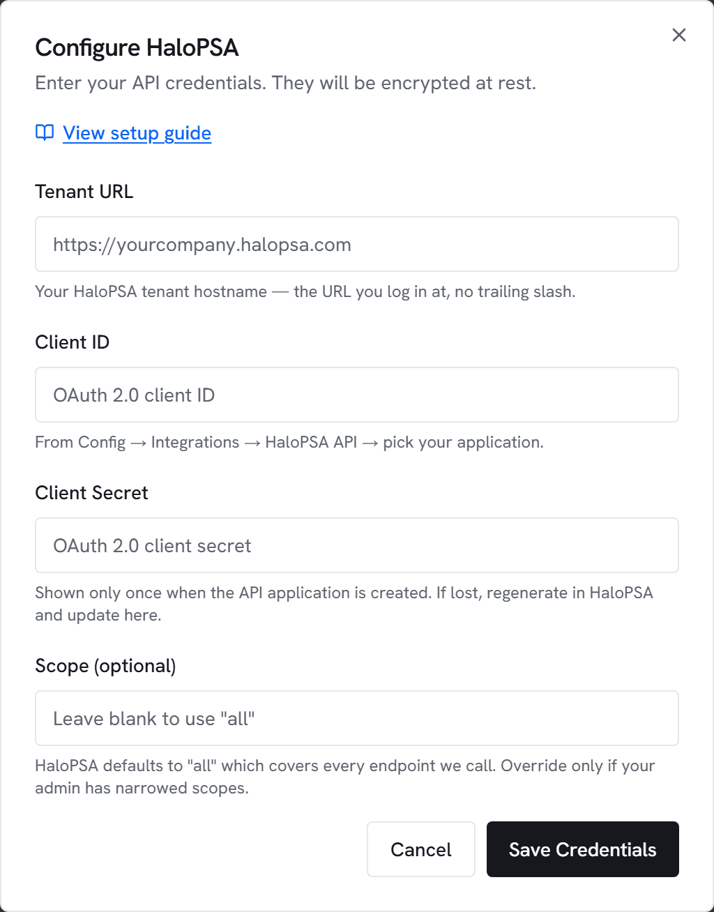 The Configure HaloPSA dialog in Vectis admin > integrations — the form the next step walks you through.