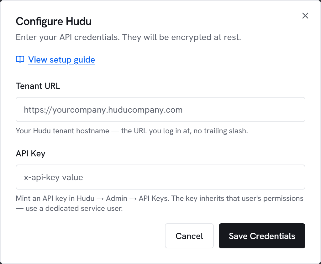 The Configure Hudu dialog in Vectis admin > integrations — the form the next step walks you through.