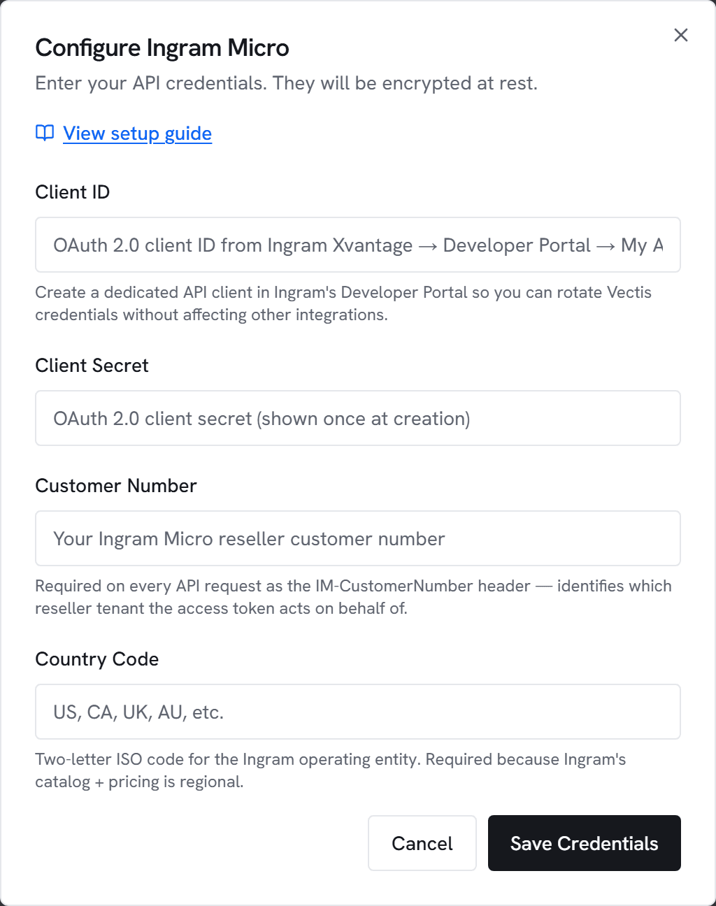 The Configure Ingram Micro dialog in Vectis admin > integrations — the form the next step walks you through.