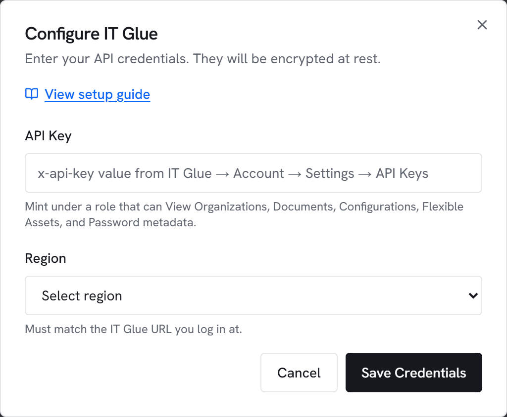 The Configure IT Glue dialog in Vectis admin > integrations — the form the next step walks you through.