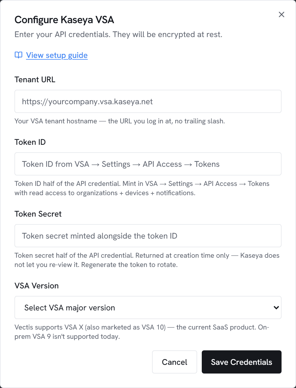 The Configure Kaseya VSA dialog in Vectis admin > integrations — the form the next step walks you through.