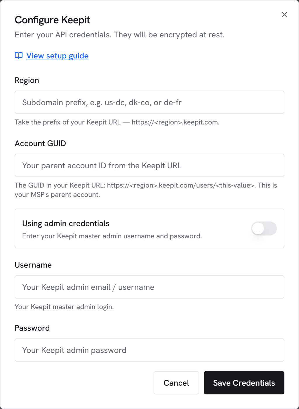 The Configure Keepit dialog in Vectis admin > integrations — the form the next step walks you through.