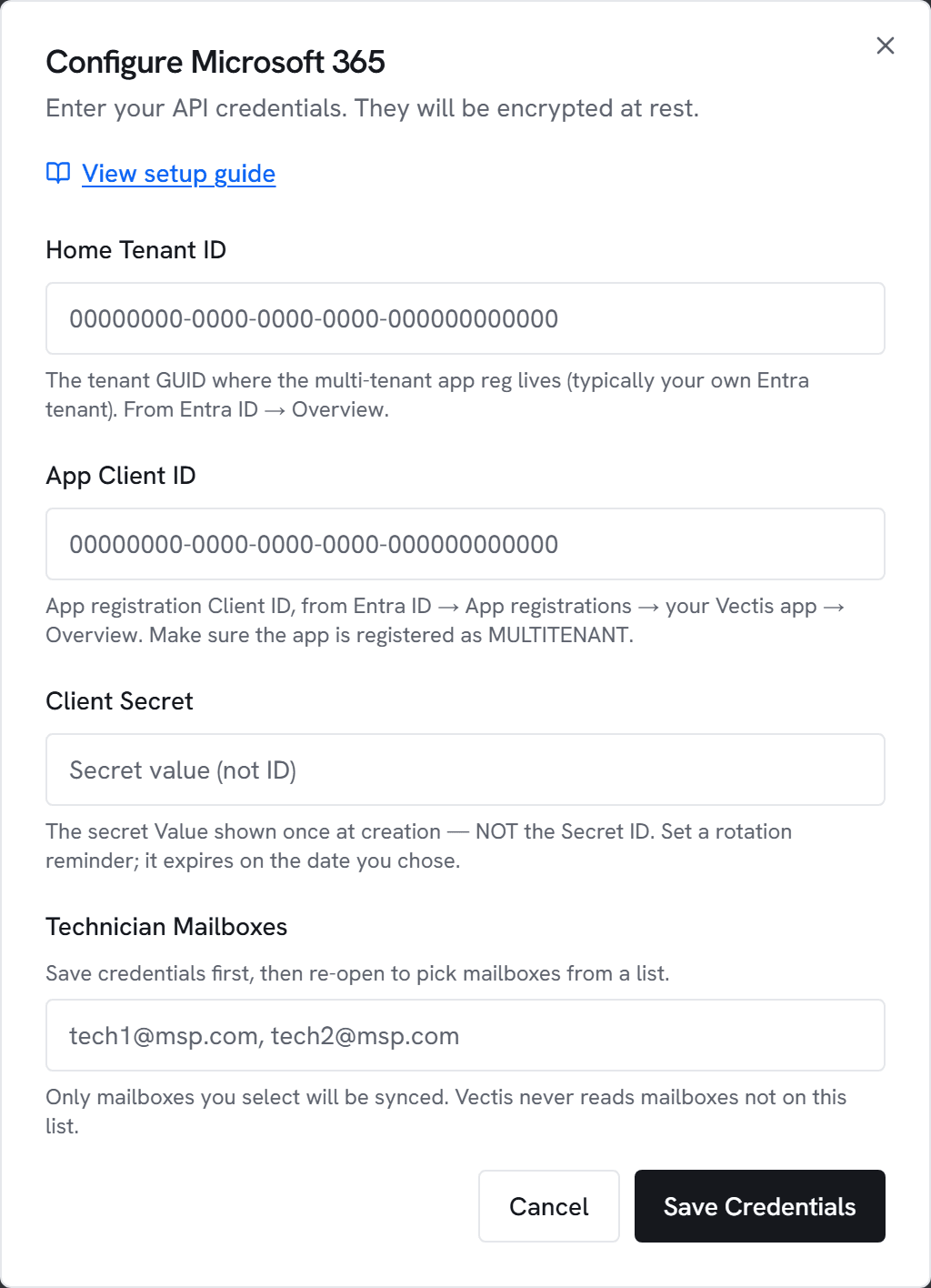 The Configure Microsoft 365 dialog in Vectis admin > integrations — the form the next step walks you through.