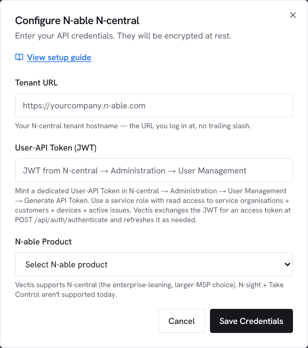 The Configure N-able N-central dialog in Vectis admin > integrations — the form the next step walks you through.