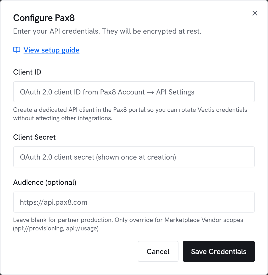 The Configure Pax8 dialog in Vectis admin > integrations — the form the next step walks you through.