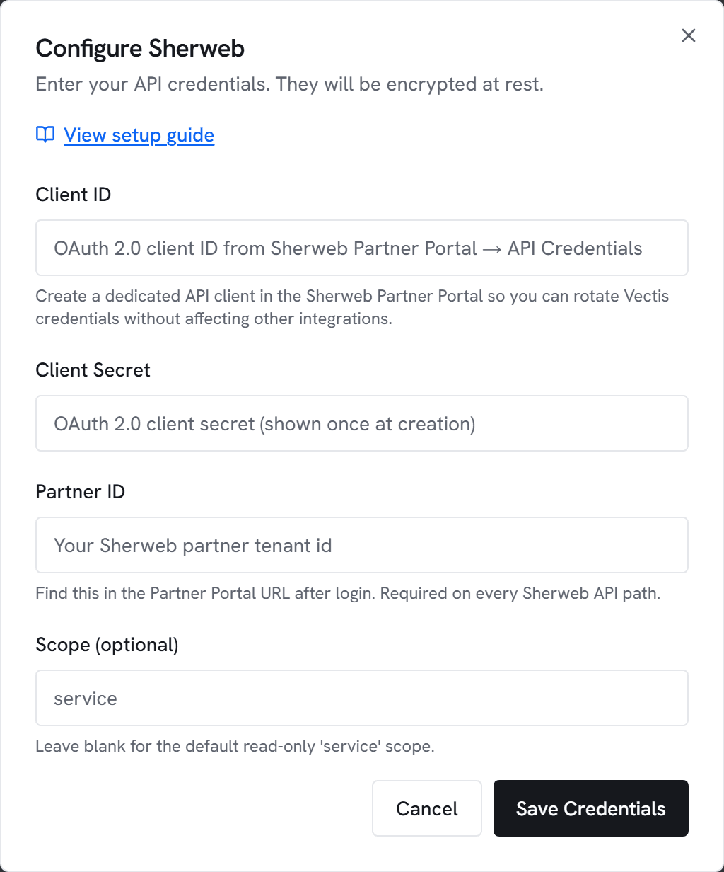 The Configure Sherweb dialog in Vectis admin > integrations — the form the next step walks you through.