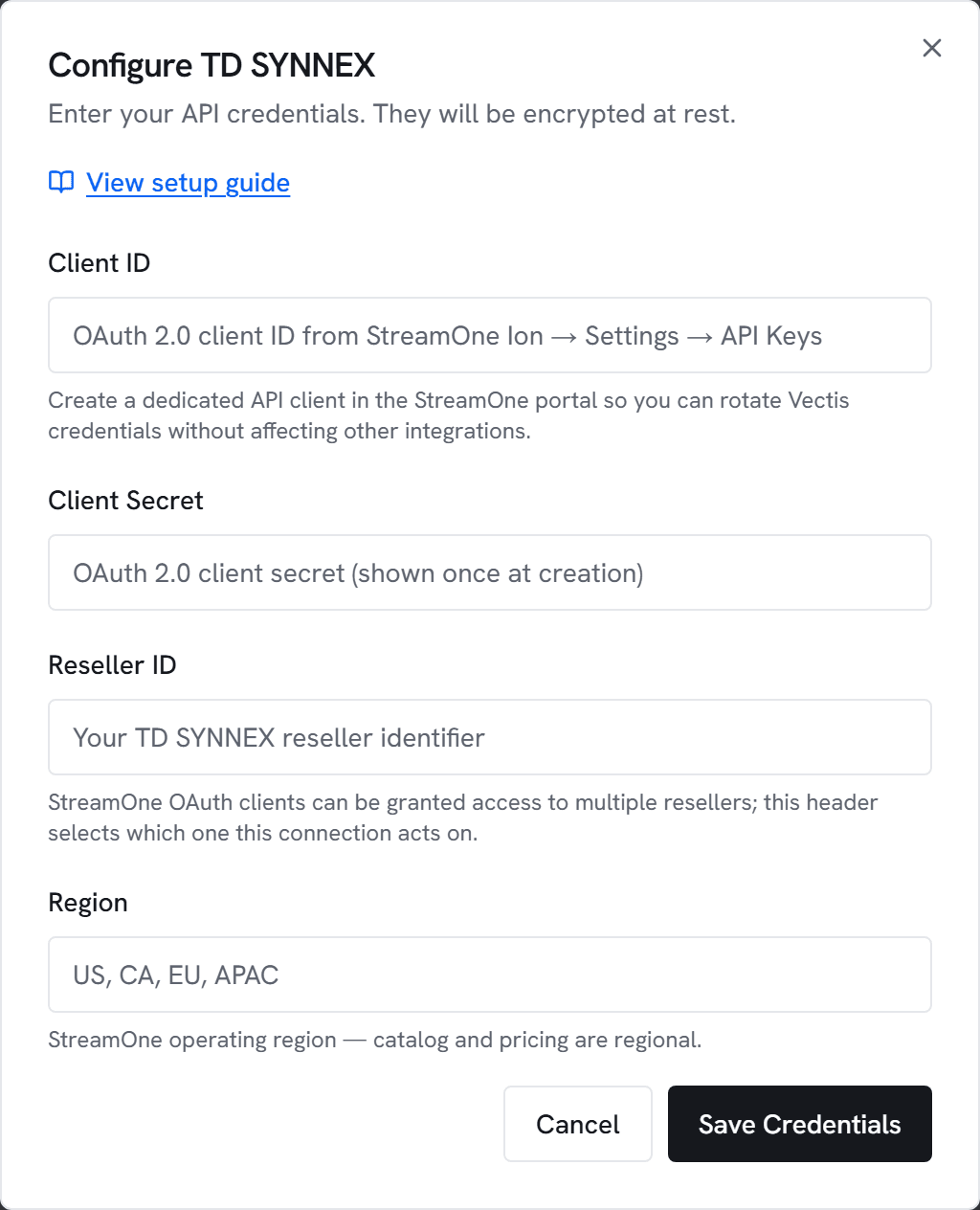 The Configure TD SYNNEX dialog in Vectis admin > integrations — the form the next step walks you through.
