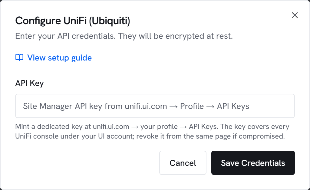 The Configure UniFi (Ubiquiti) dialog in Vectis admin > integrations — the form the next step walks you through.