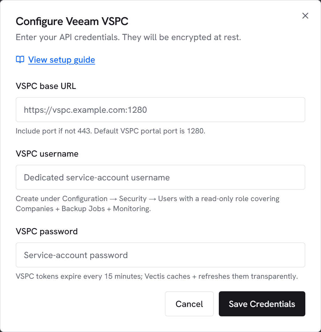 The Configure Veeam VSPC dialog in Vectis admin > integrations — the form the next step walks you through.