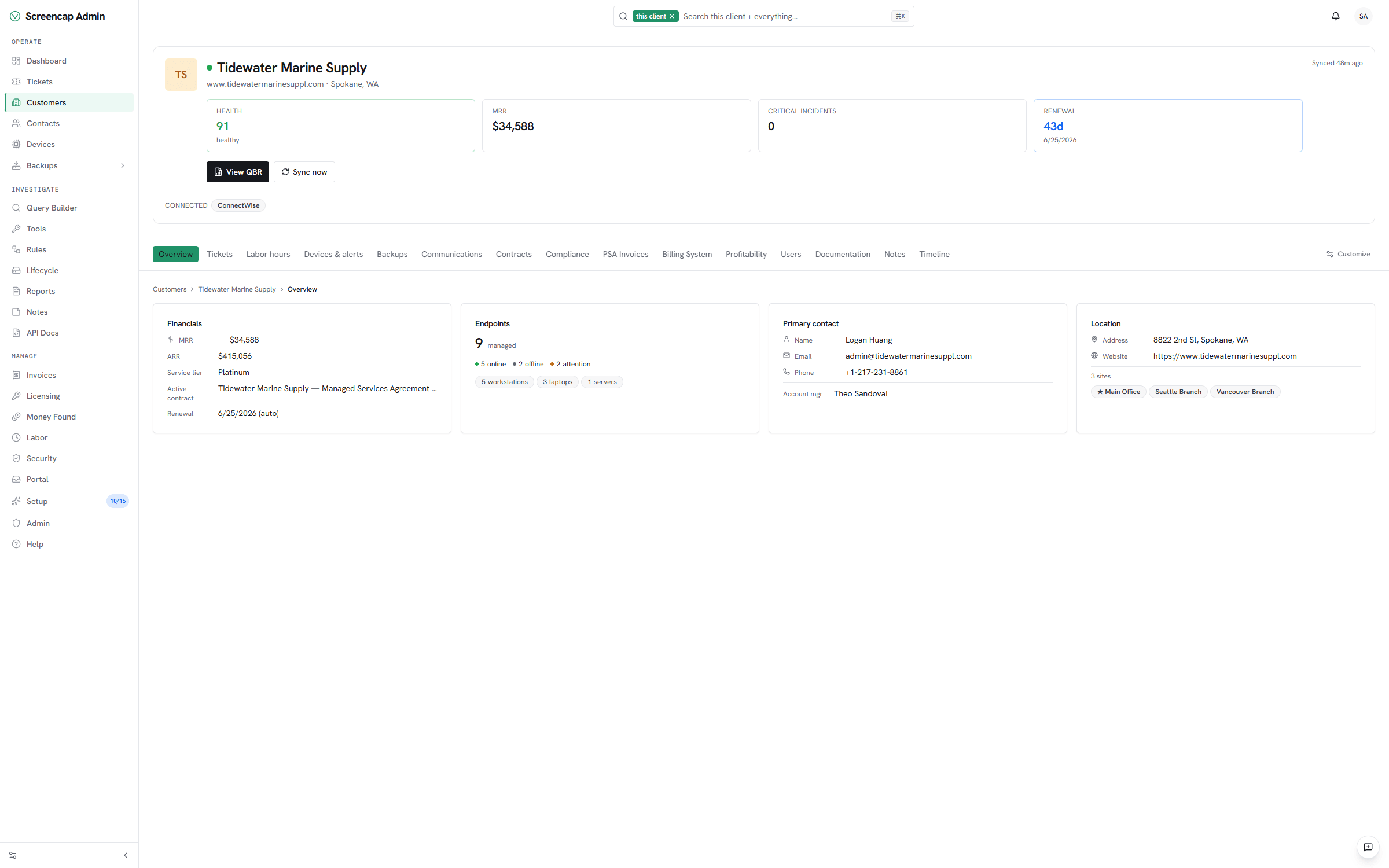 Vectis customer hub landing surface for a seeded MSP customer: health badge, MRR, critical incidents, renewal countdown, connected source tags, and a tab strip linking to tickets, labor hours, devices & alerts, backups, communications, contracts, compliance, PSA invoices, billing system, profitability, users, documentation, notes, and timeline.