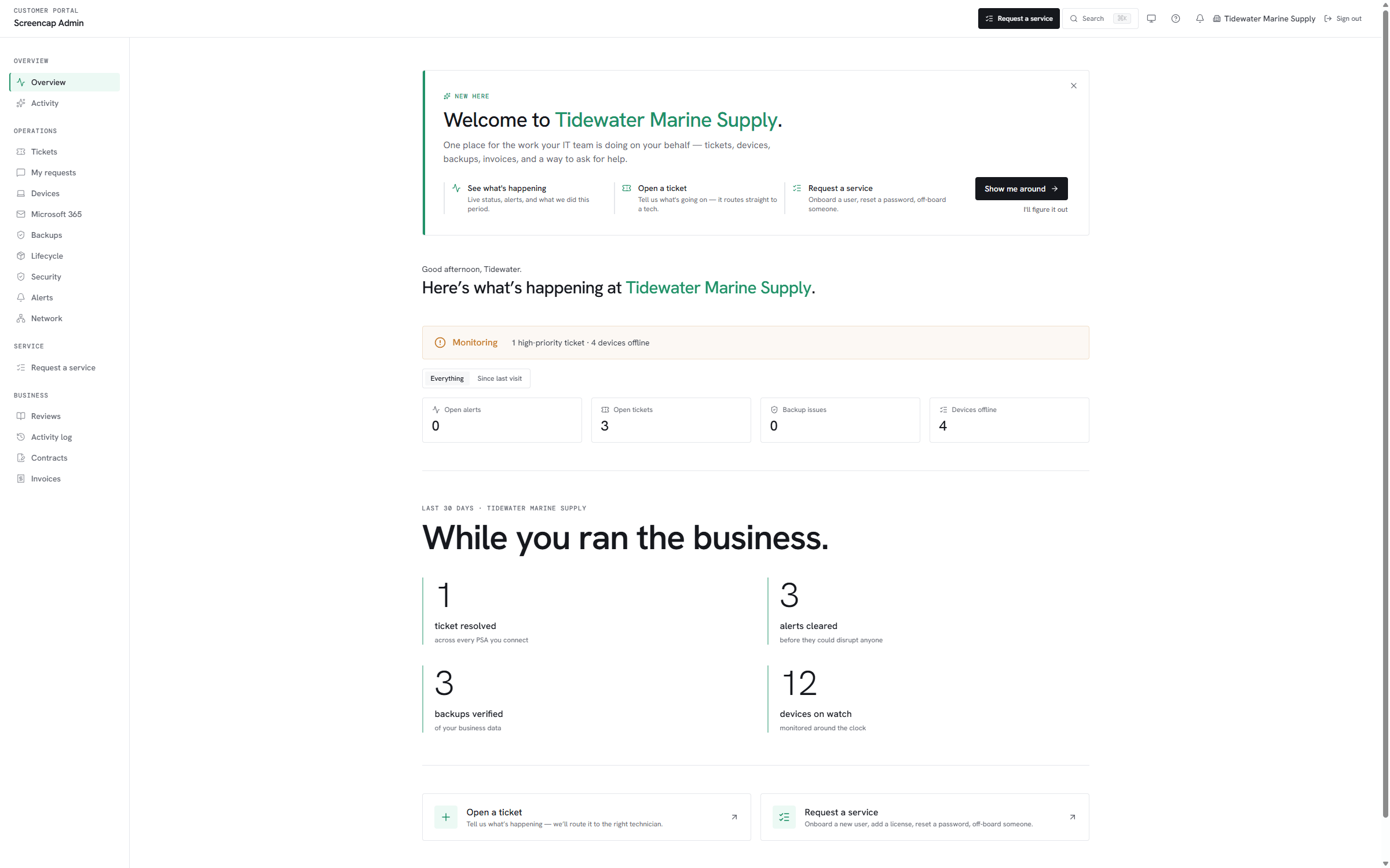 Branded Vectis customer portal home view for a seeded customer with asset count, open tickets, and recent invoices.
