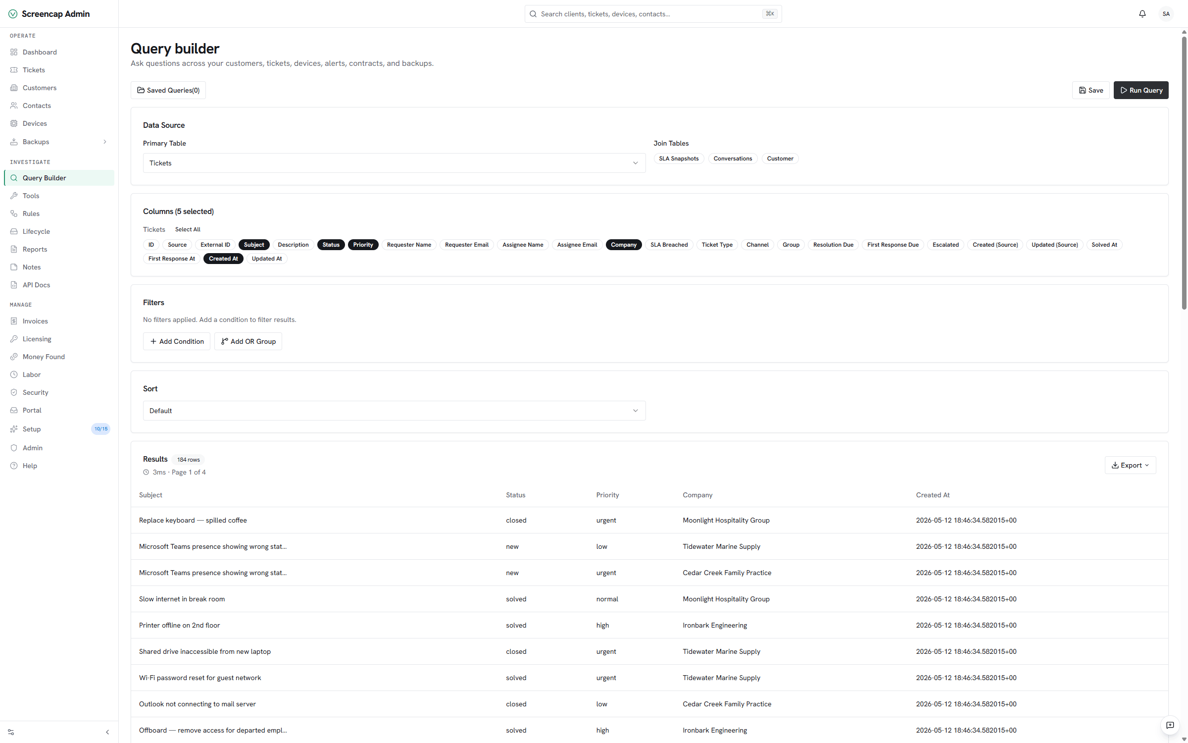 Vectis query builder with a point-and-click filter chain, the results table populated, and an Excel export button visible.
