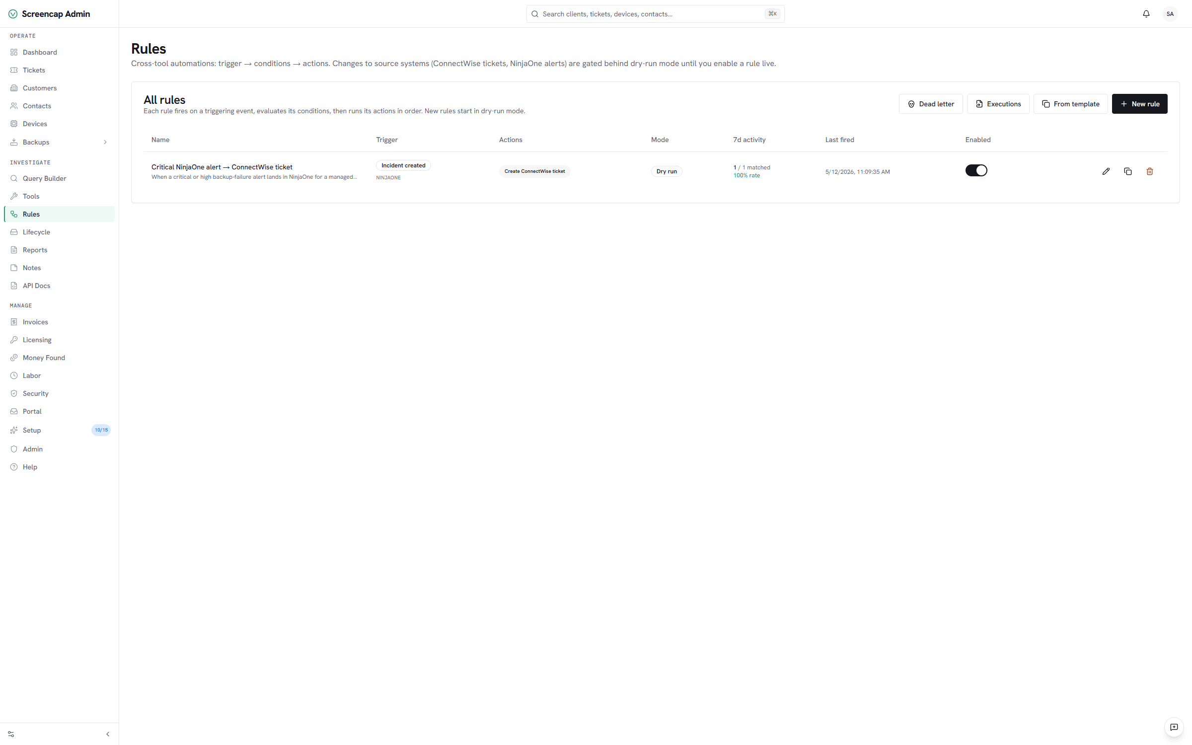 Vectis rules index: a dry-run rule wiring NinjaOne incidents to ConnectWise tickets, with last-fired timestamp, 7-day activity rate, and an enabled toggle — the engine evaluating real triggers, not a demo gif.