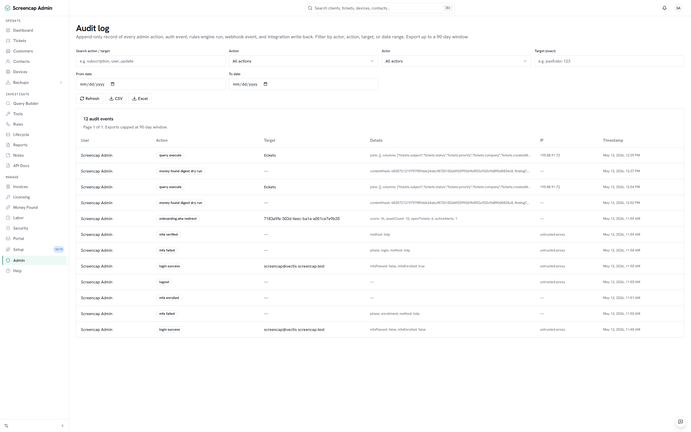 Vectis admin audit log: filter chips for action, actor, target, and date range over a 7-row append-only table covering query executions, money-found dry runs, MFA enrollment, and login successes/failures — every operator action recorded with IP and timestamp.