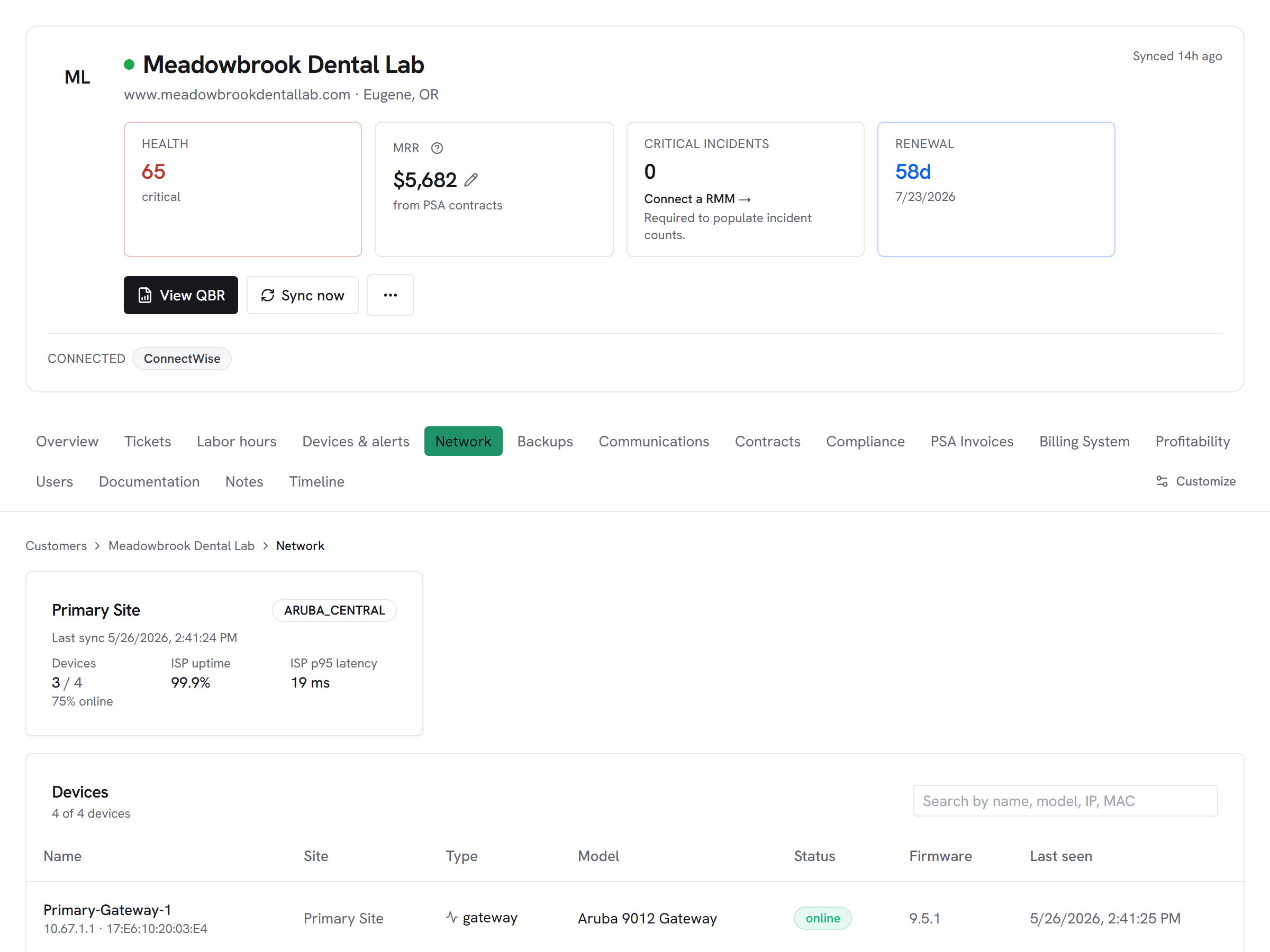 Vectis customer hub network tab for an Aruba Central-connected customer — per-site device count, ISP uptime, latency, devices-online ratio, and device-level inventory with status.