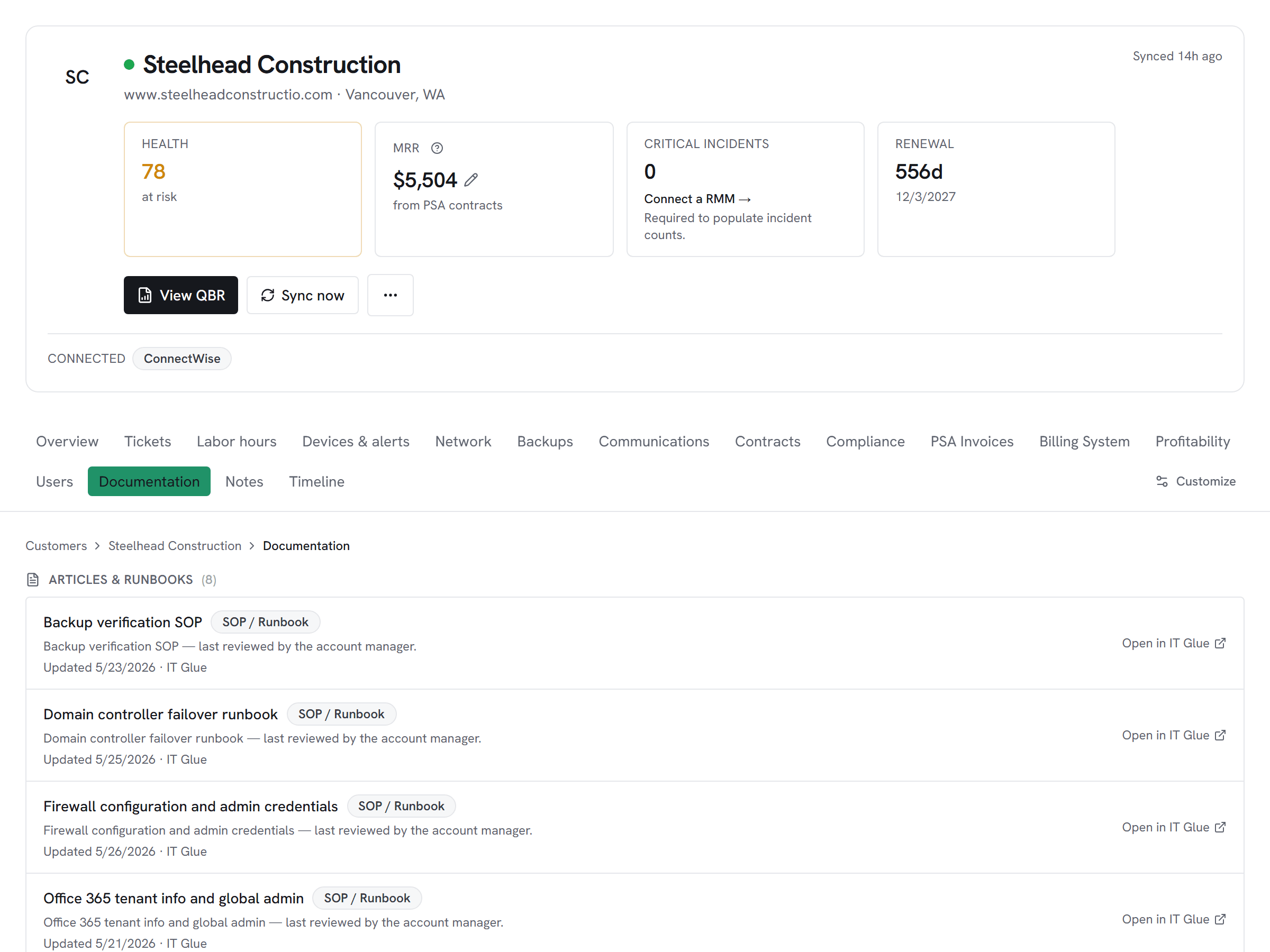 Vectis customer hub documentation tab merging IT Glue articles and runbooks for an MSP customer — backup verification SOP, domain-controller failover runbook, firewall credentials article, each with click-through to live IT Glue.