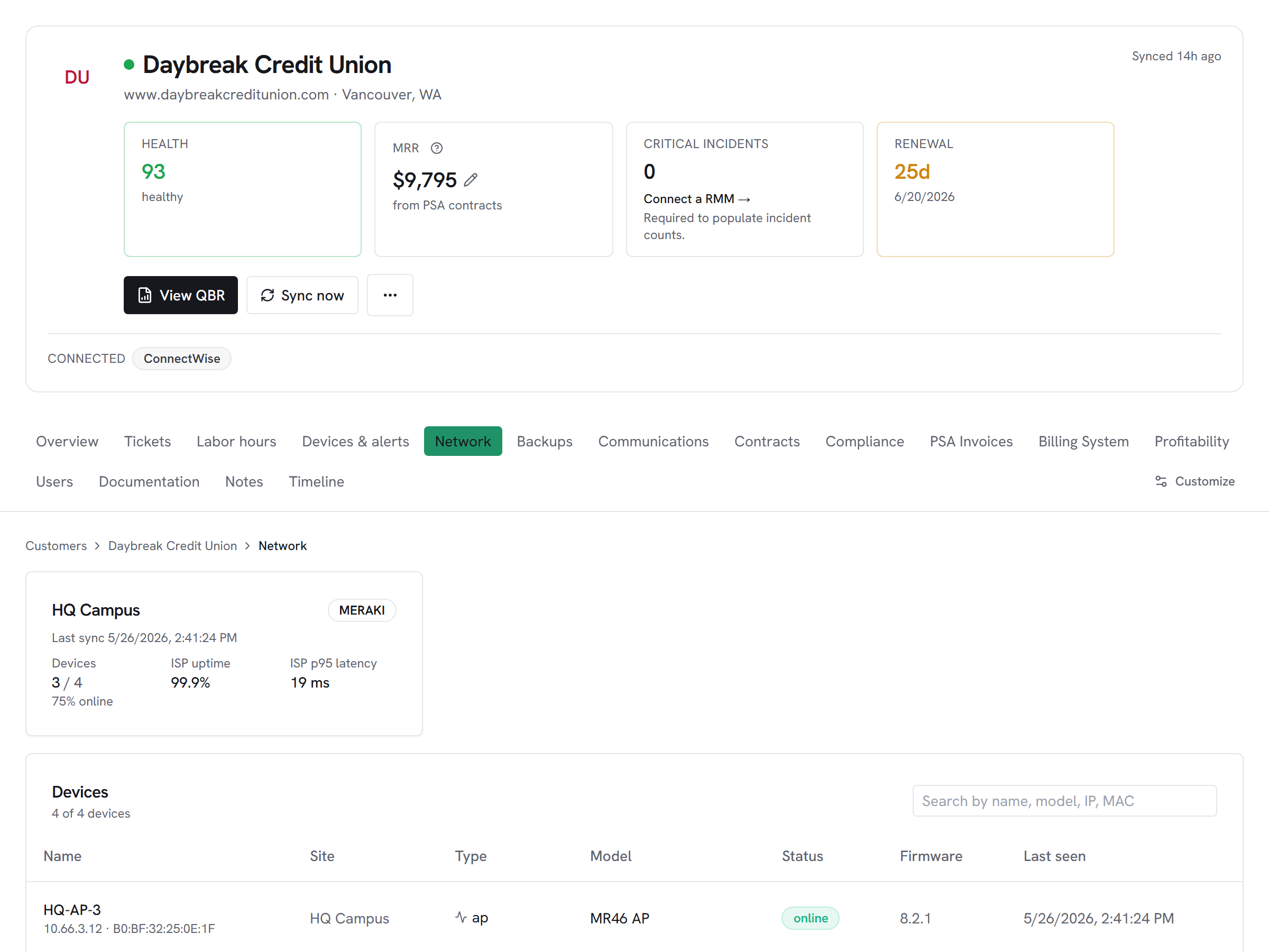 Vectis customer hub network tab for a Cisco Meraki-connected customer — per-site device count, ISP uptime, latency, devices-online ratio, and device-level inventory with status badges.