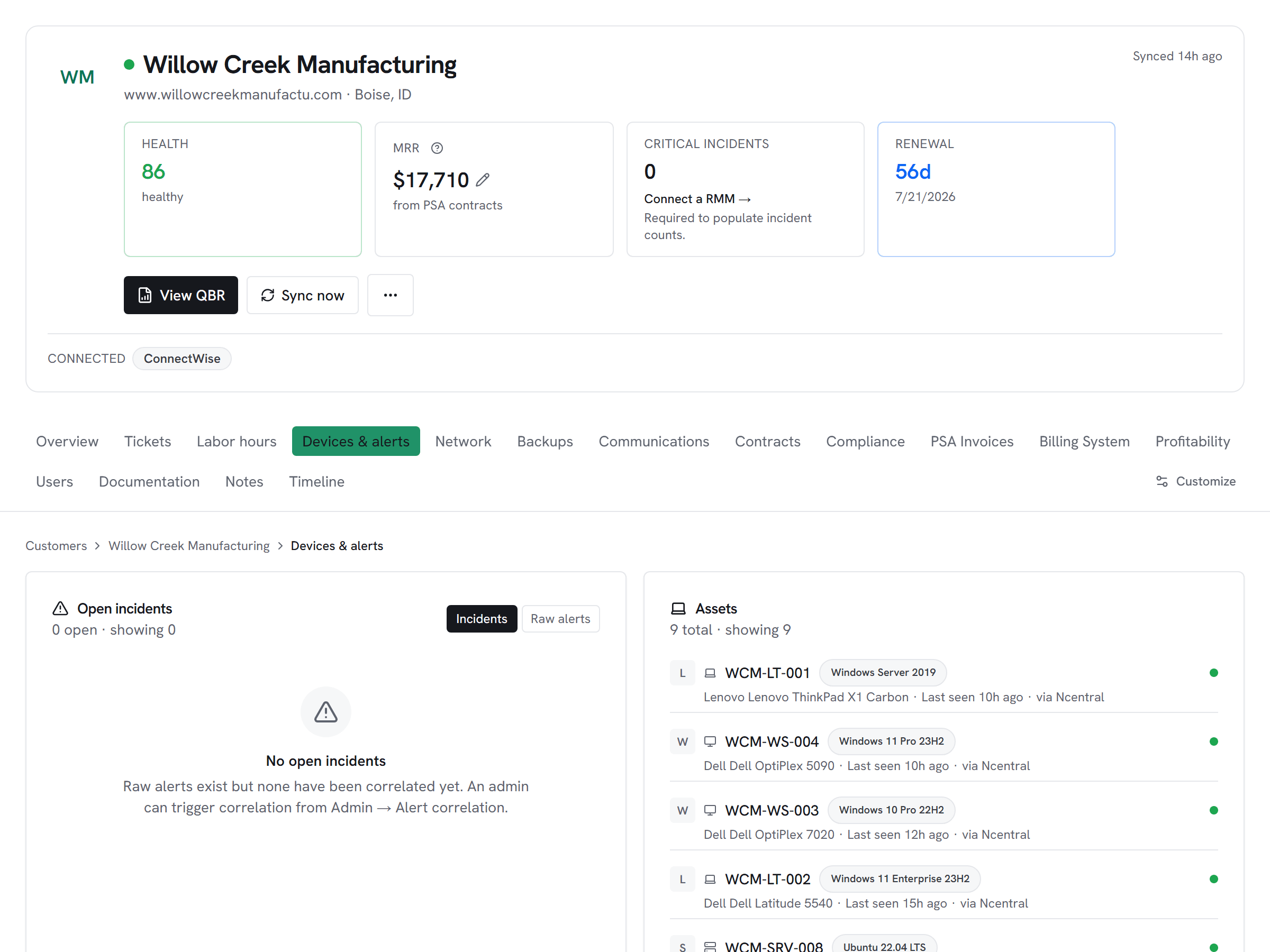 Vectis customer hub devices and alerts tab for an N-able N-central-connected customer — managed endpoints with status, last-check-in, and N-able source labels, plus open incidents alongside raw alerts.