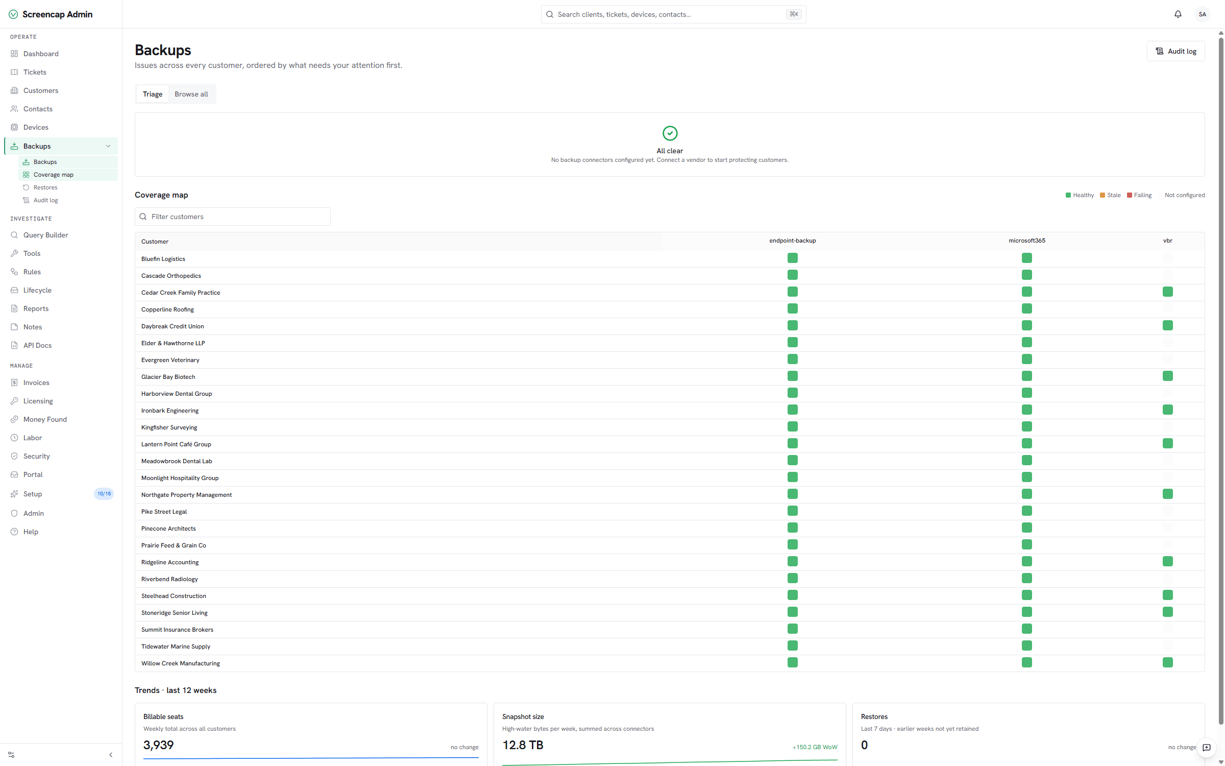 Vectis cross-customer backups coverage map — every customer as a row, endpoint-backup / Microsoft 365 / Veeam VBR as columns, healthy green tiles where Datto and Keepit are reporting.