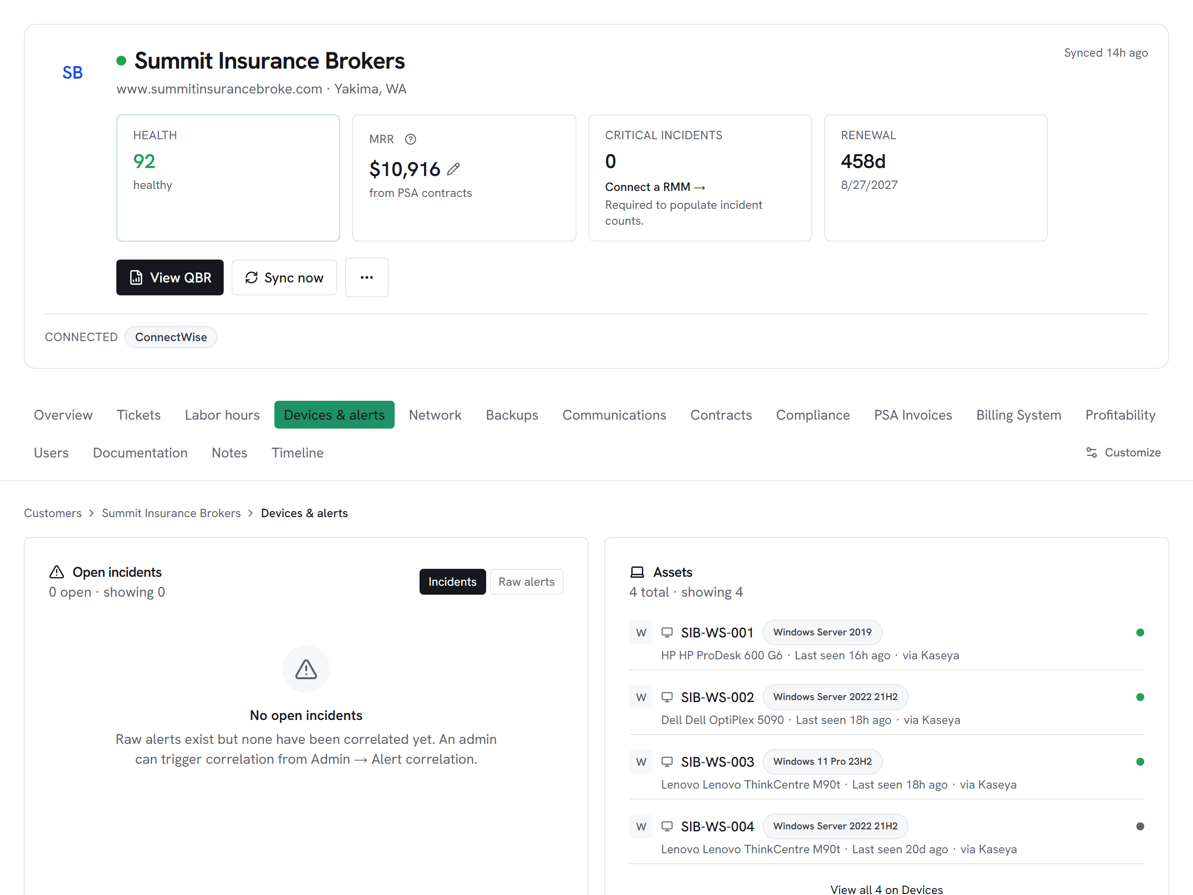 Vectis customer hub devices and alerts tab for a Kaseya VSA-connected customer — endpoint inventory with hostname, OS, last-seen, and Kaseya source labels on each asset row.