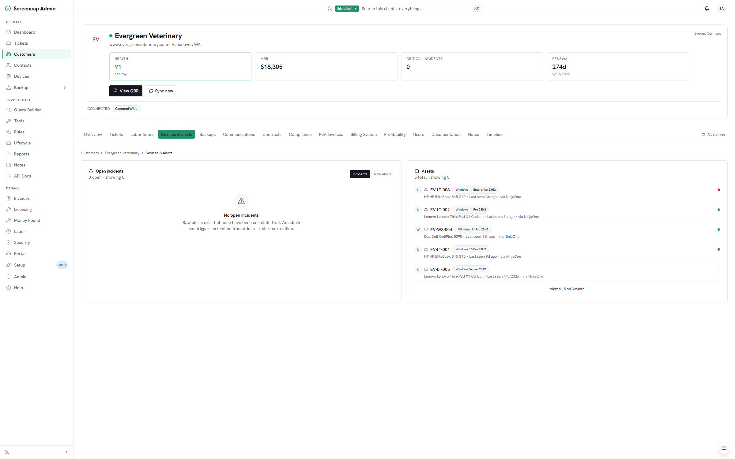 Vectis customer hub devices & alerts tab for a NinjaOne-connected customer — ten assets across workstations and servers on the right, an open-incidents panel on the left filtered to active alerts only.
