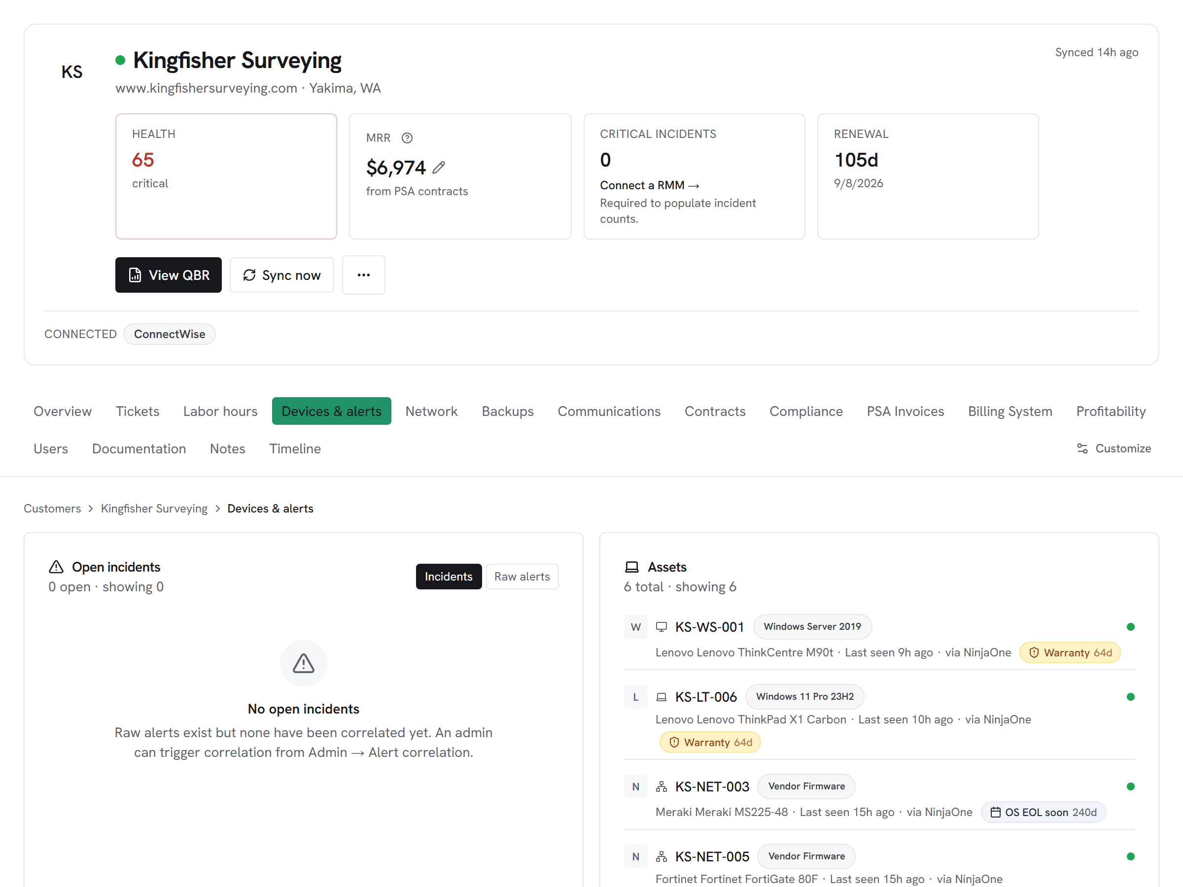 Vectis customer hub devices tab with ScalePad Lifecycle Manager warranty and OS-EOL badges surfaced per asset — refresh-pipeline events visible inline against the device inventory.